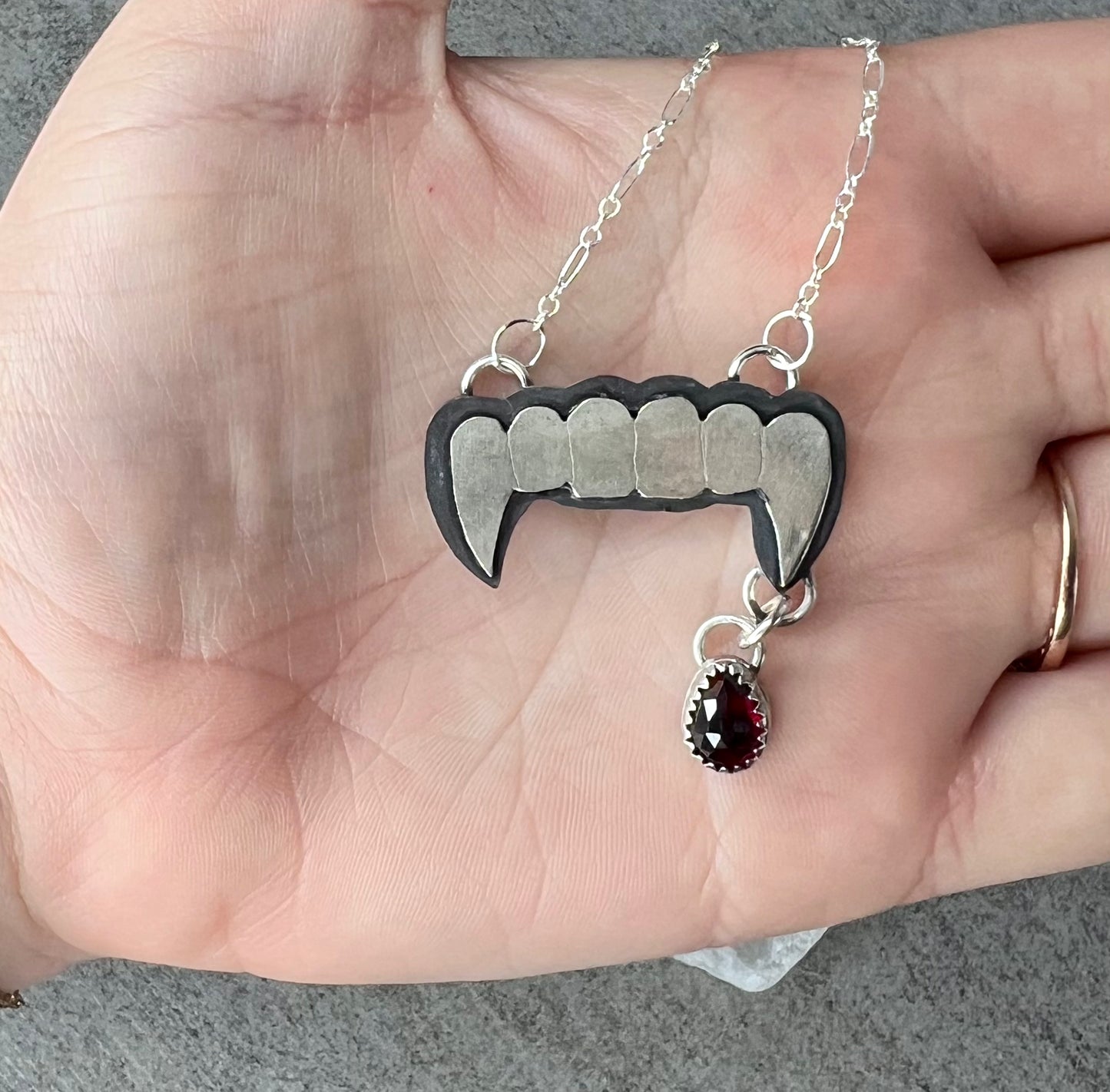 Vampire Fangs with Garnet B L O O D Droplet | Sterling Silver Necklace