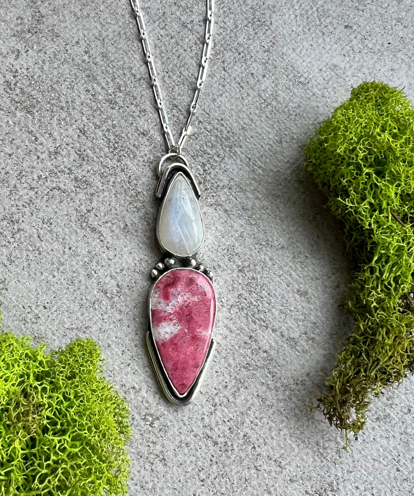 Rhodonite & Moonstone Crystal Sterling Silver Necklace