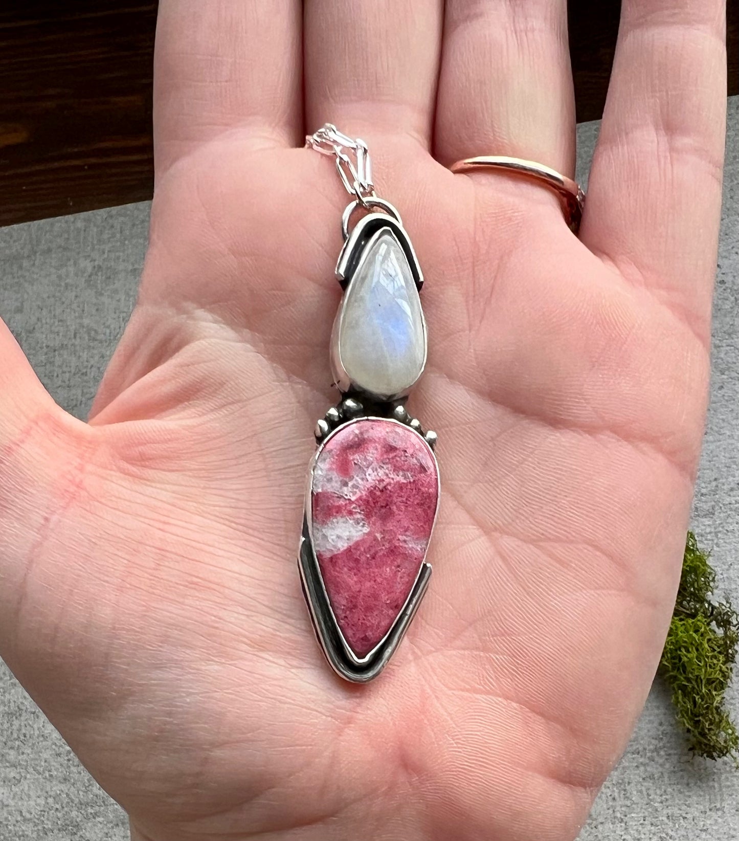 Rhodonite & Moonstone Crystal Sterling Silver Necklace