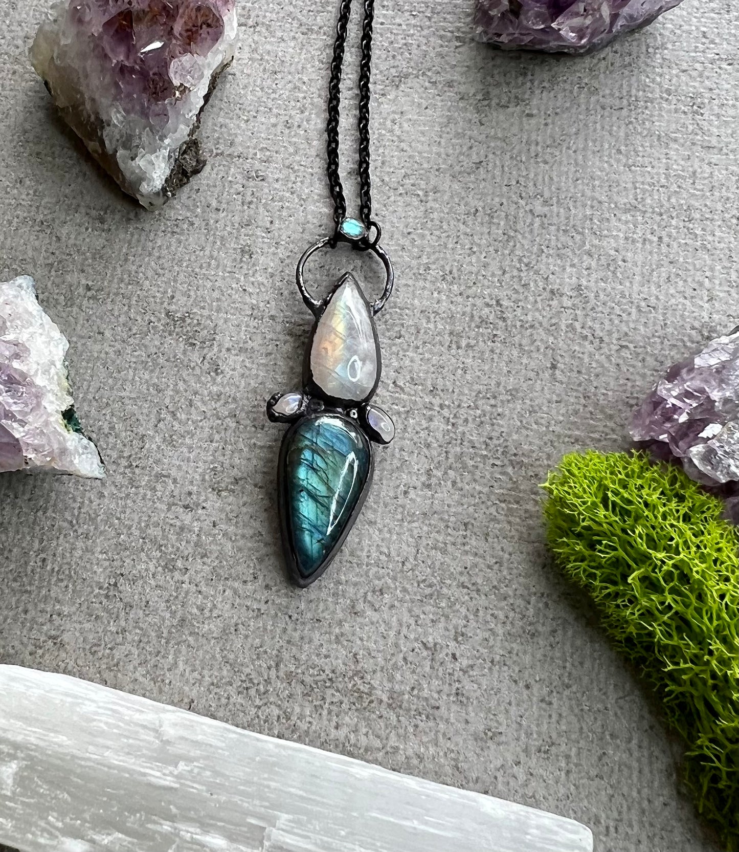 Blue flashy labradorite and moonstone necklace