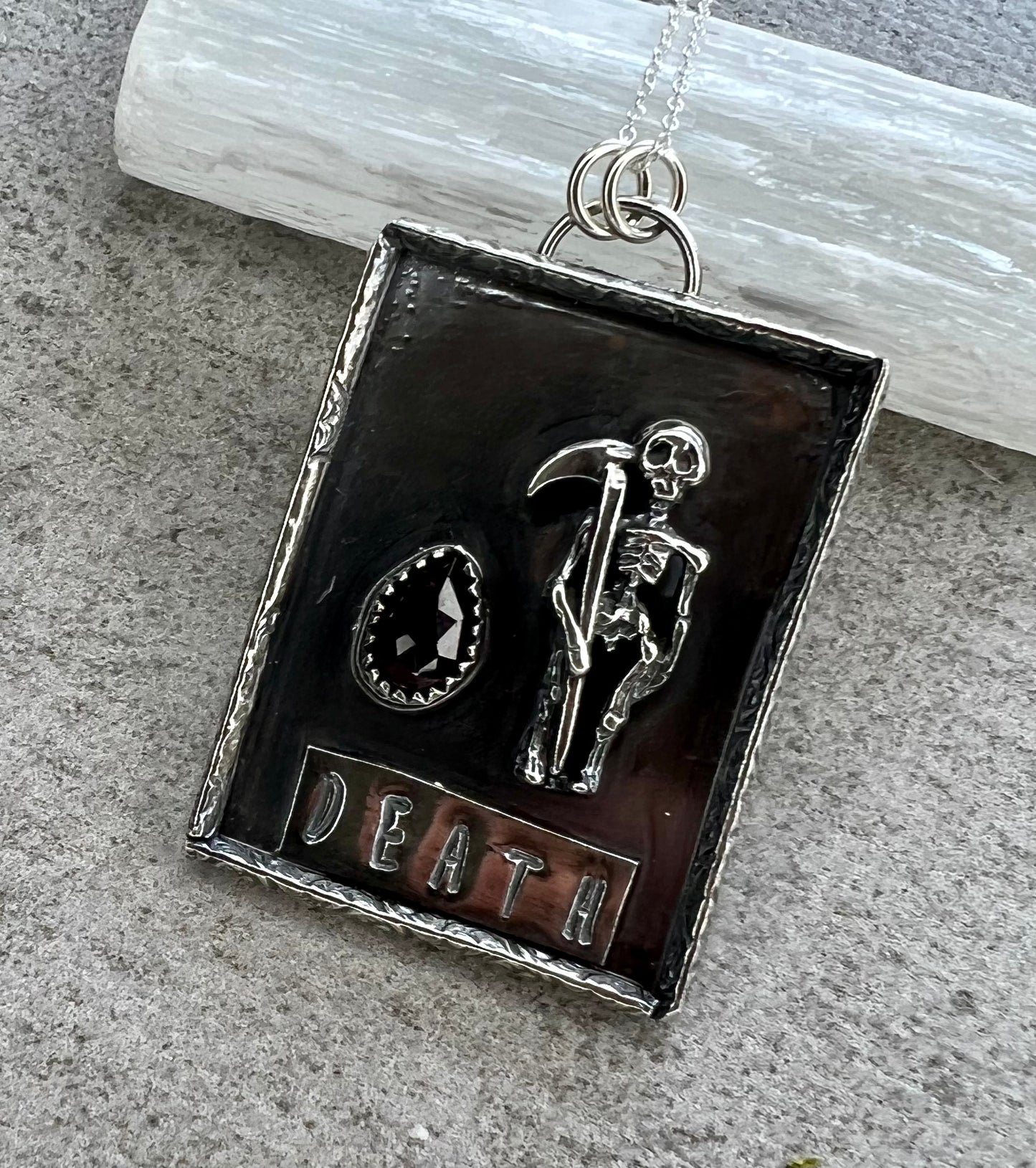 D e a t h | T A R O T | Card Sterling Silver Necklace on 20in chain with garnet stone