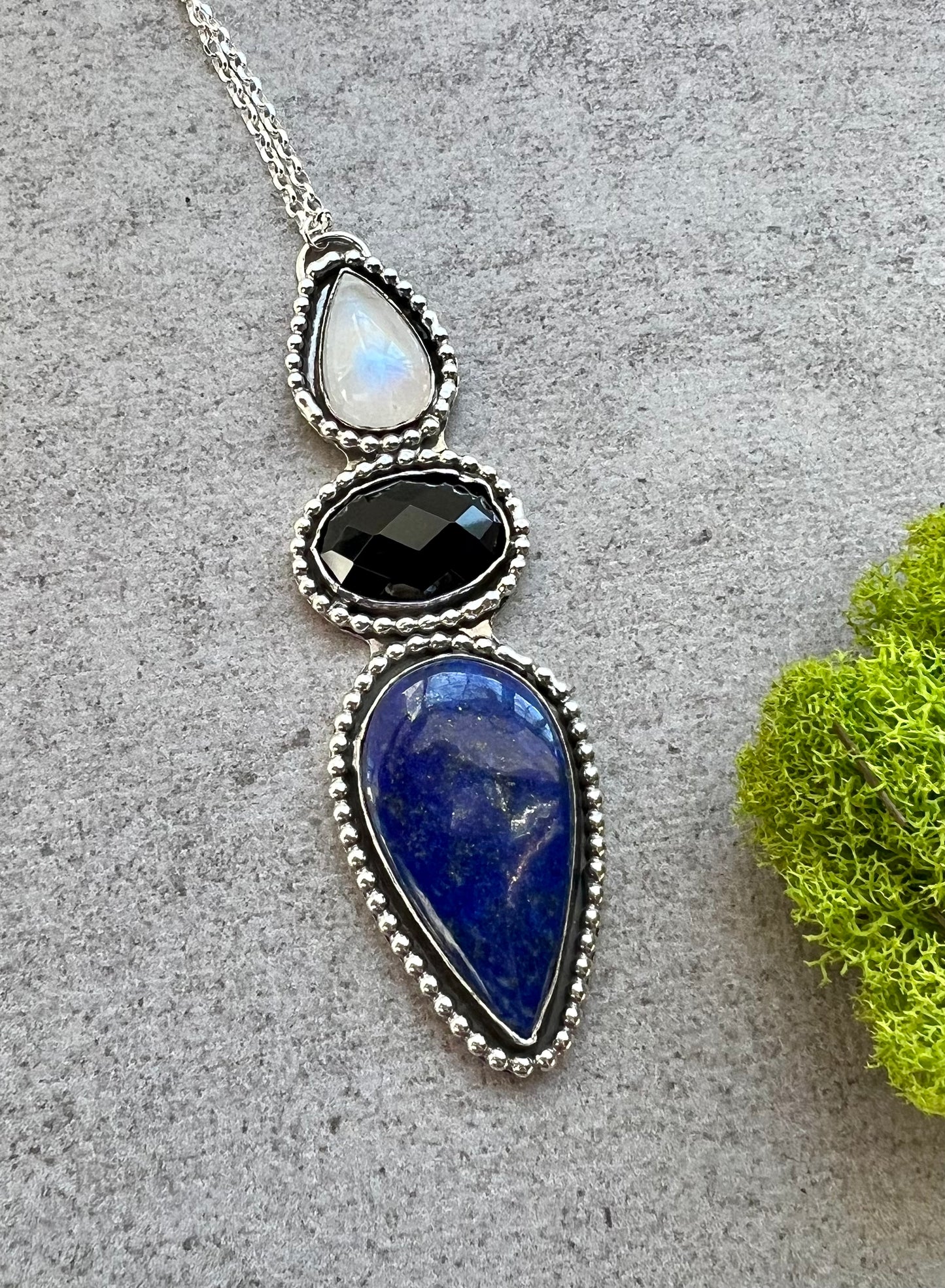 Lapis Lazuli, Onyx and Flashy Blue Moonstone Necklace