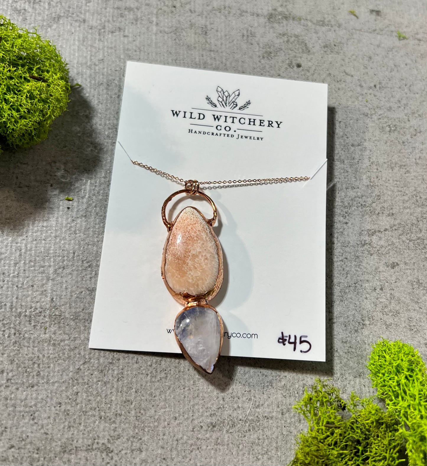 Peach sunstone and moonstone necklace on 18 in chain