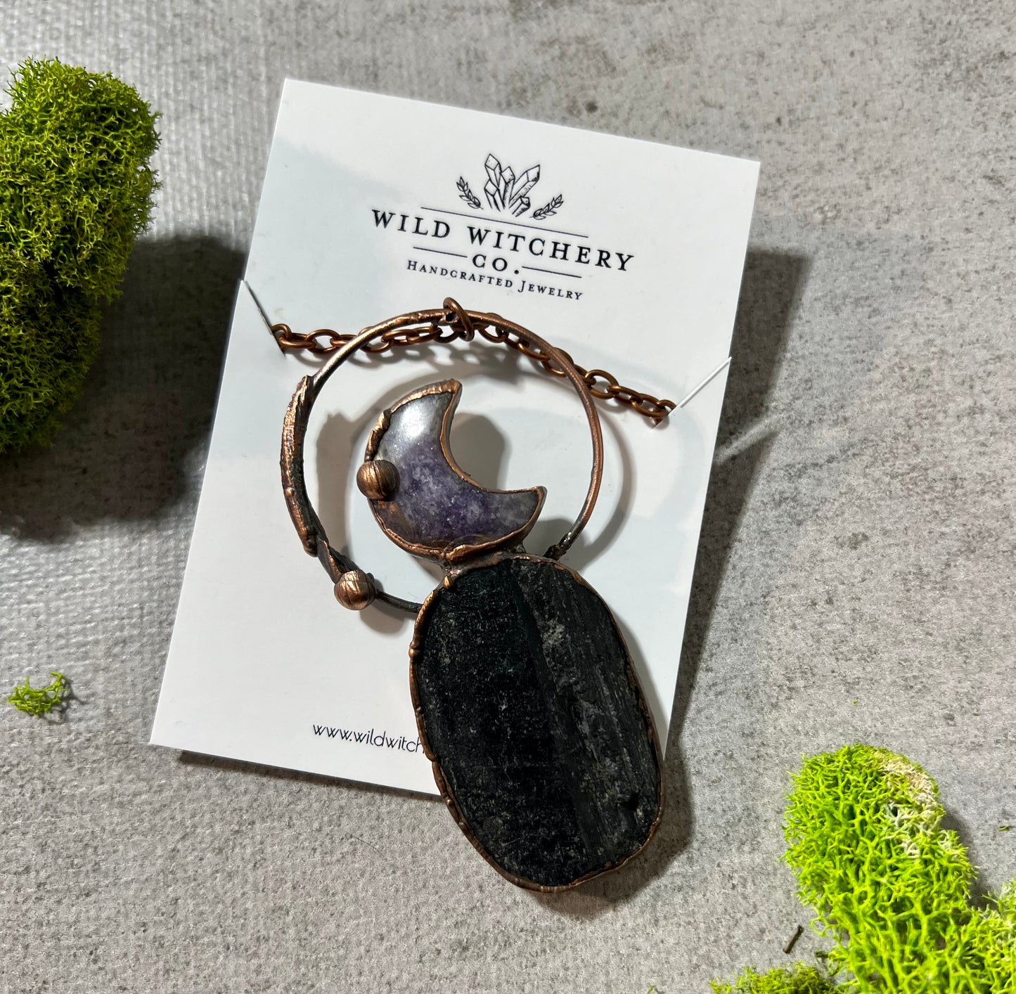 Black Tourmaline and lepidolite moon necklace on 18 in chain