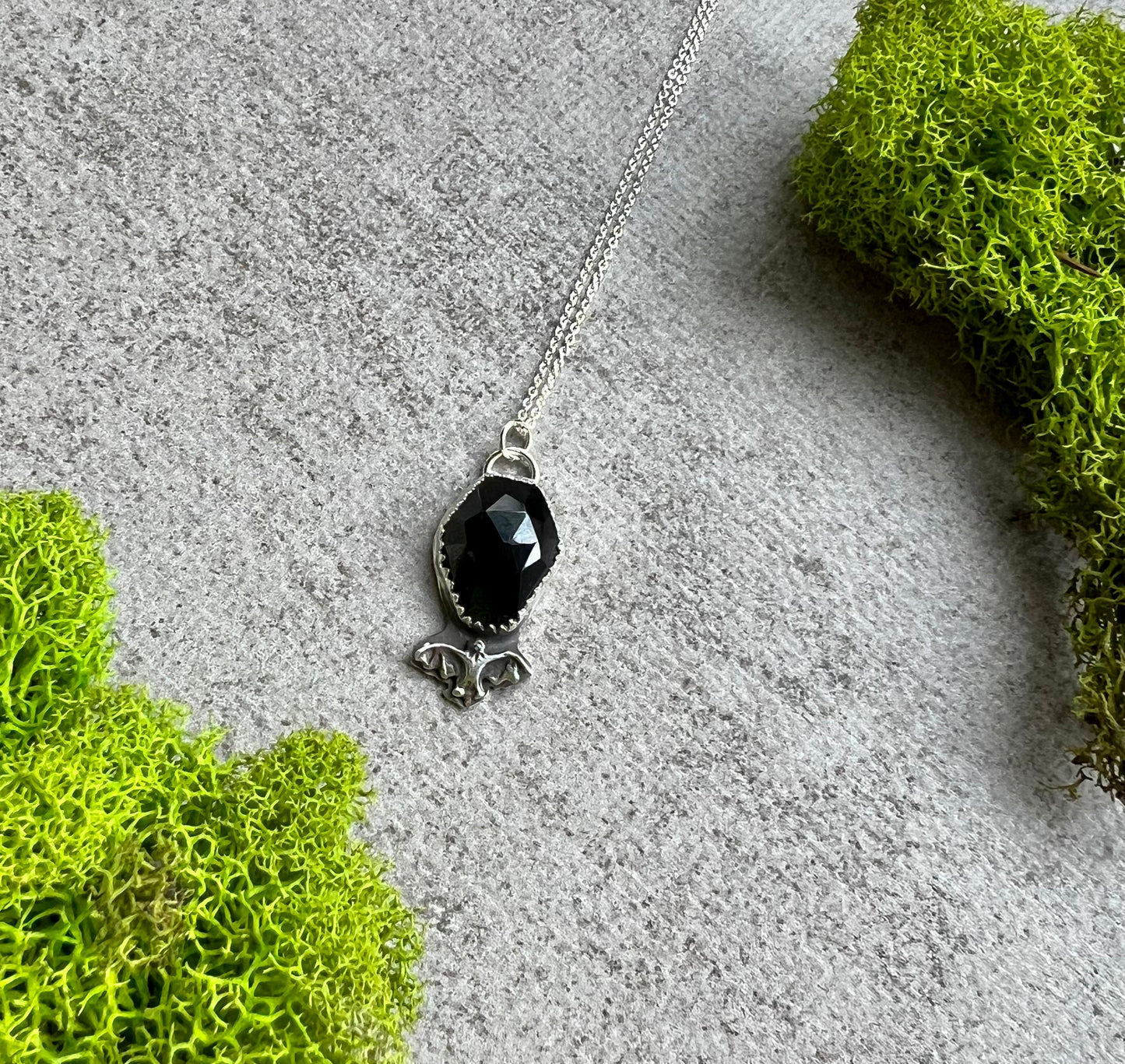 Onyx Coffin with Bat Sterling Silver Necklace