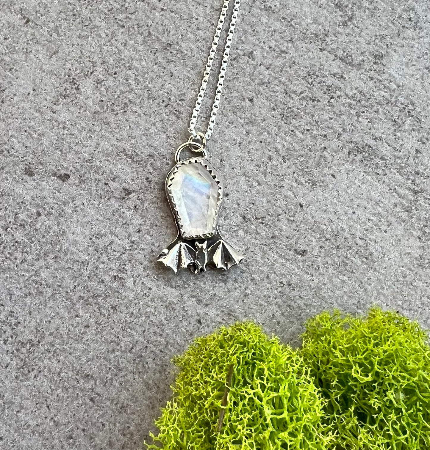Moonstone Coffin and Sterling Silver Bat Necklace