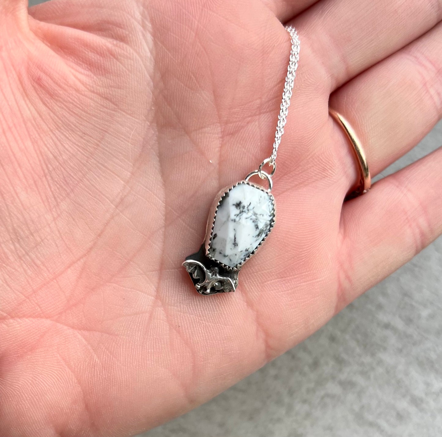 Dendritic Opal and Bat Sterling Silver Necklace