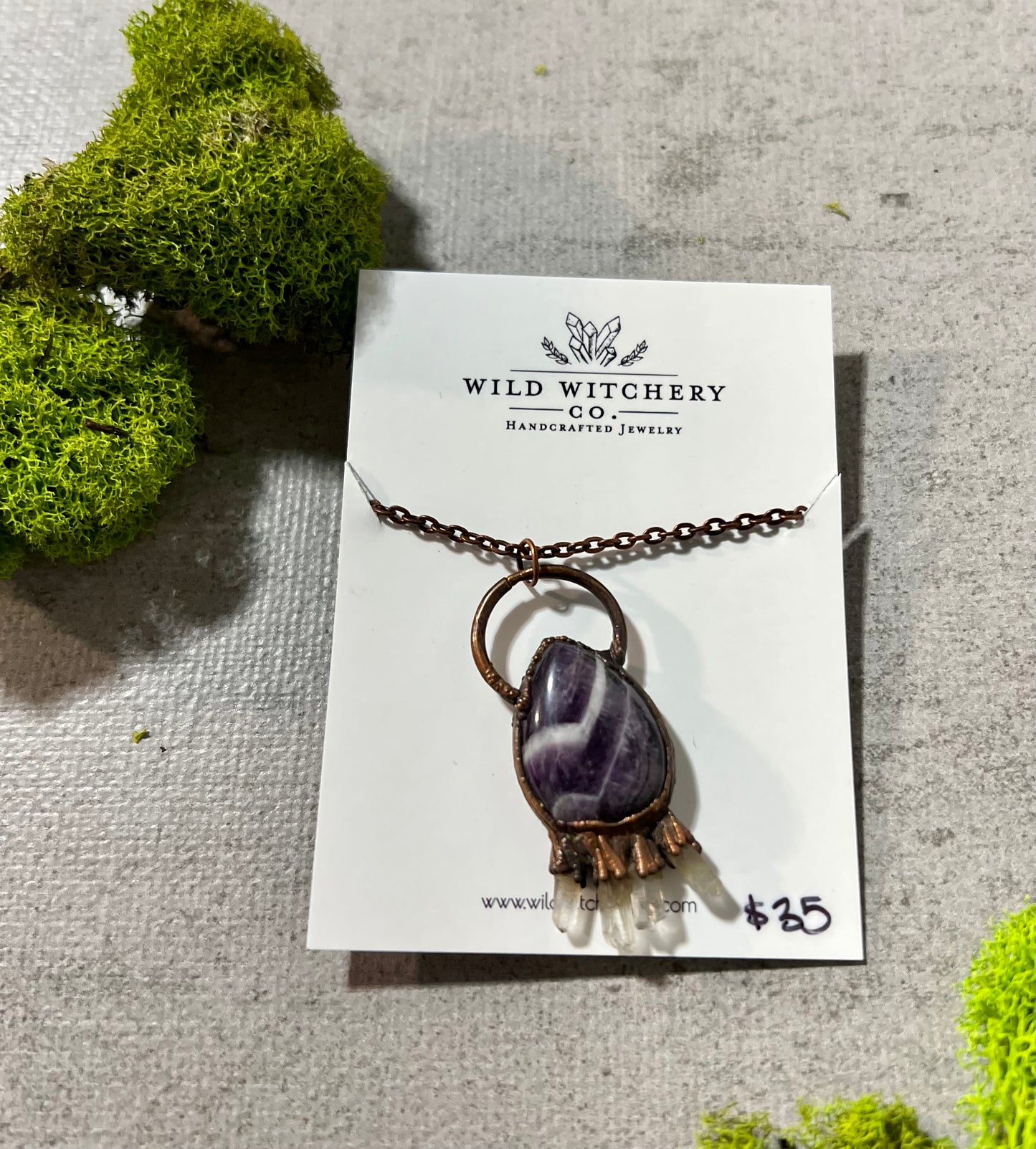 Amethyst and Clear Quartz Necklace on 24in chain