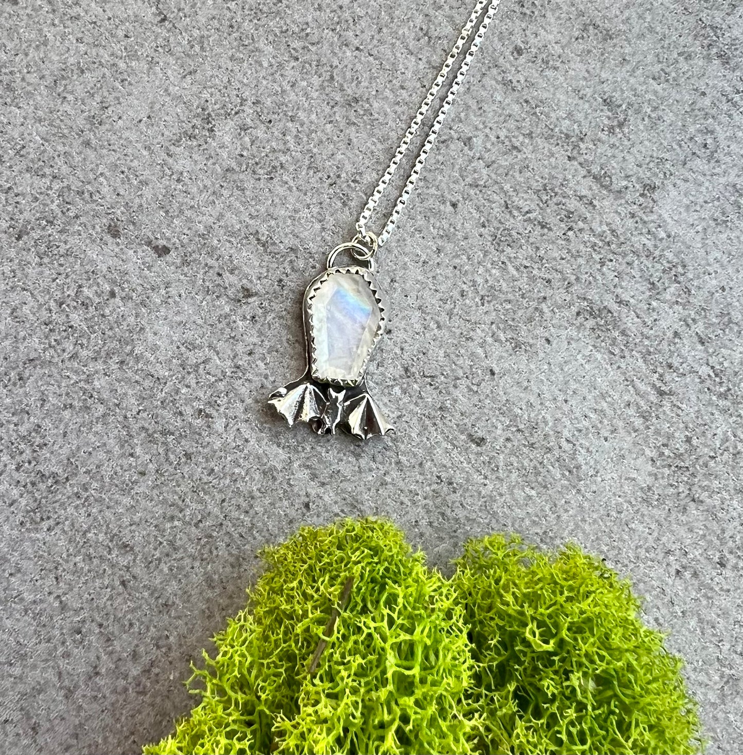 Moonstone Coffin and Sterling Silver Bat Necklace