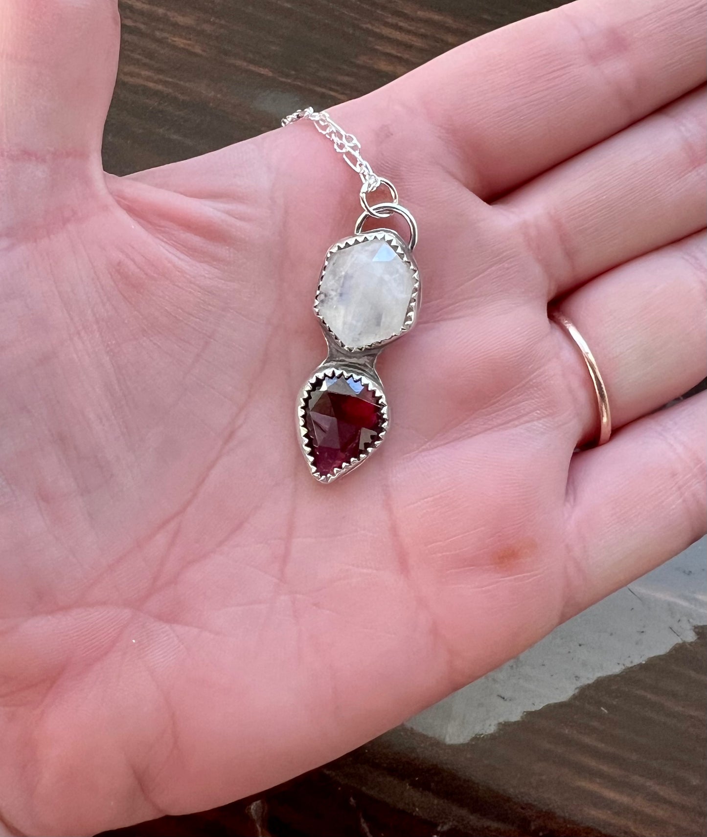 Moonstone and B L O O D Garnet Sterling Silver Necklace