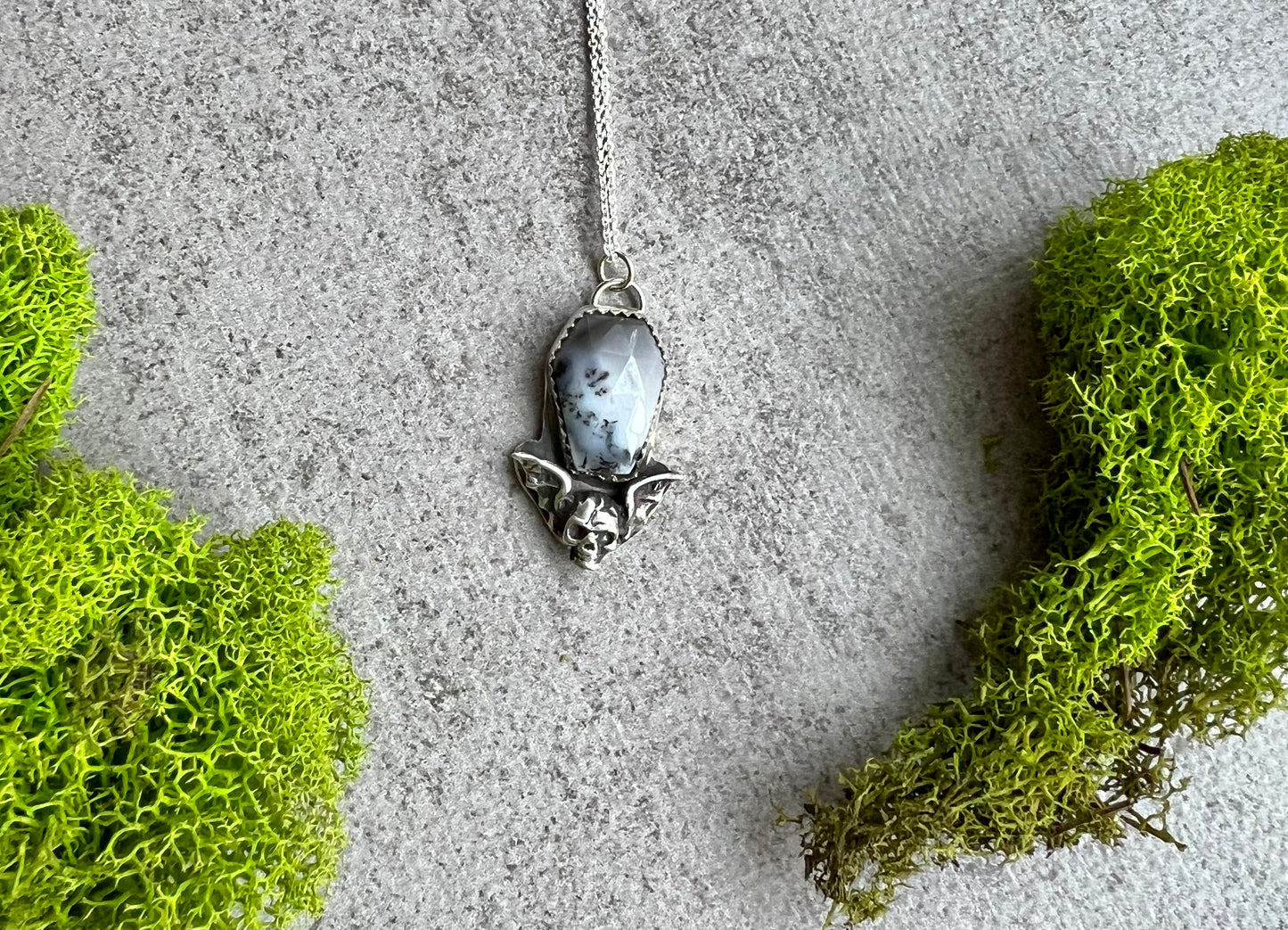 Dendritic Opal and Bat Sterling Silver Necklace