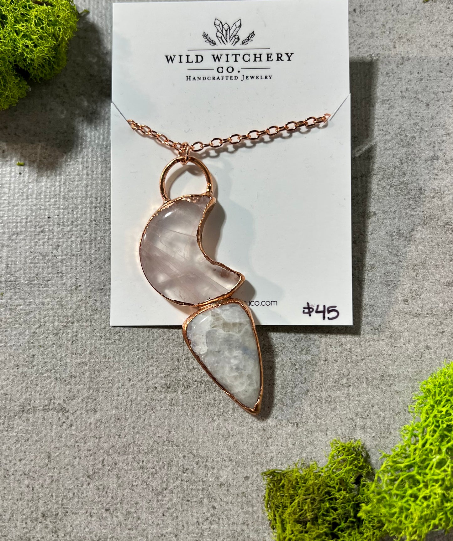 Rose Quartz & Moonstone Necklace on 24 in chain