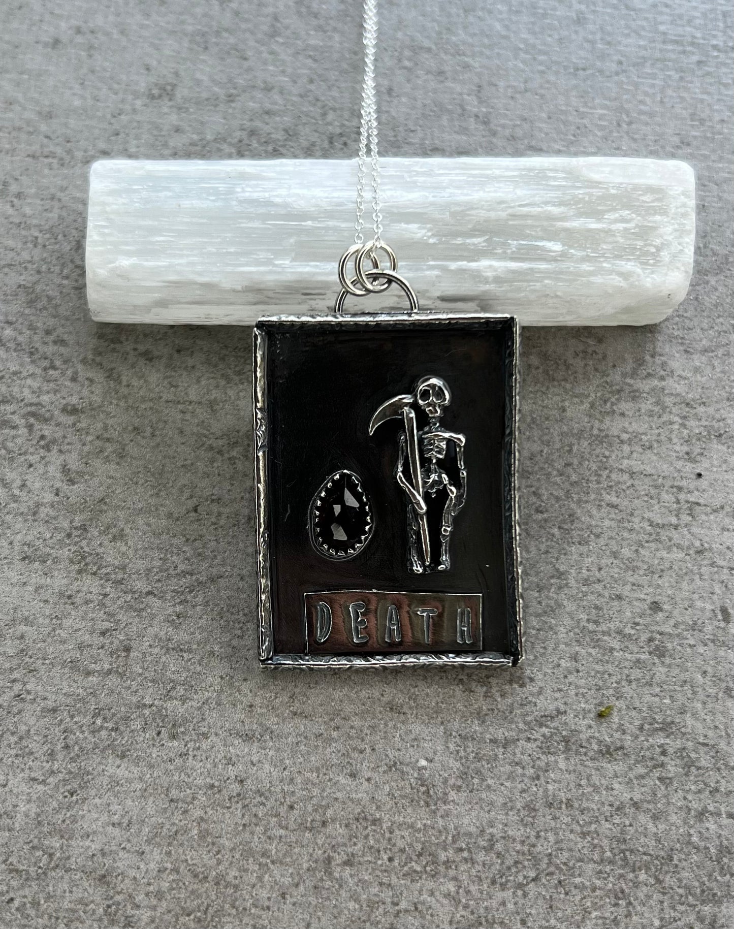 D e a t h | T A R O T | Card Sterling Silver Necklace on 20in chain with garnet stone
