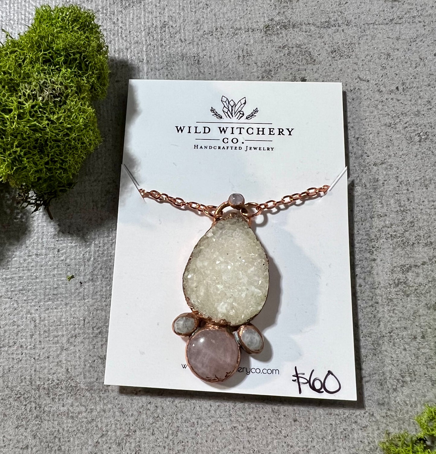 Quartz Druzy, Rose Quartz & Moonstone necklace on 24 in chain