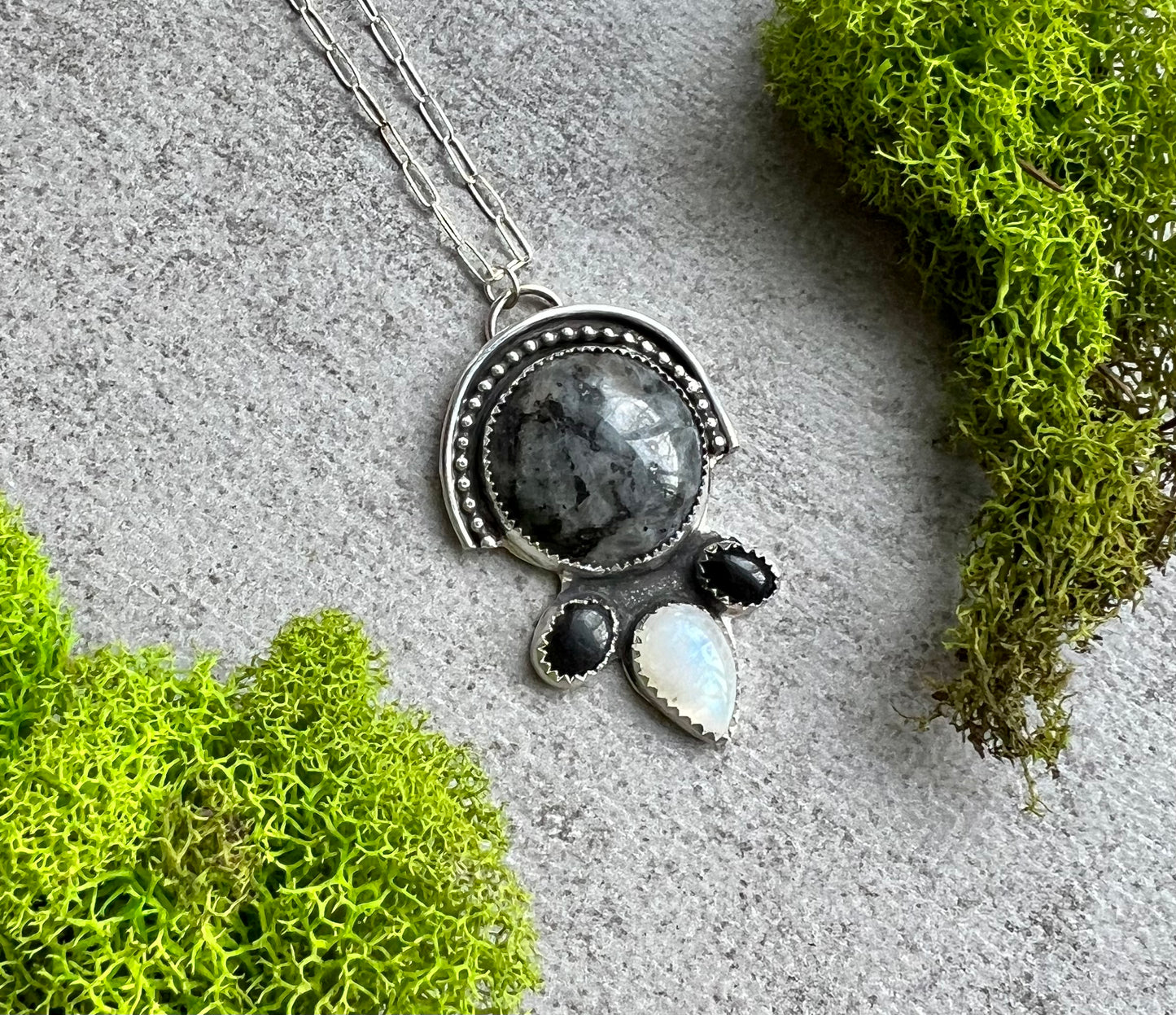 Larvikite, Onyx and Moonstone Sterling Silver Necklace