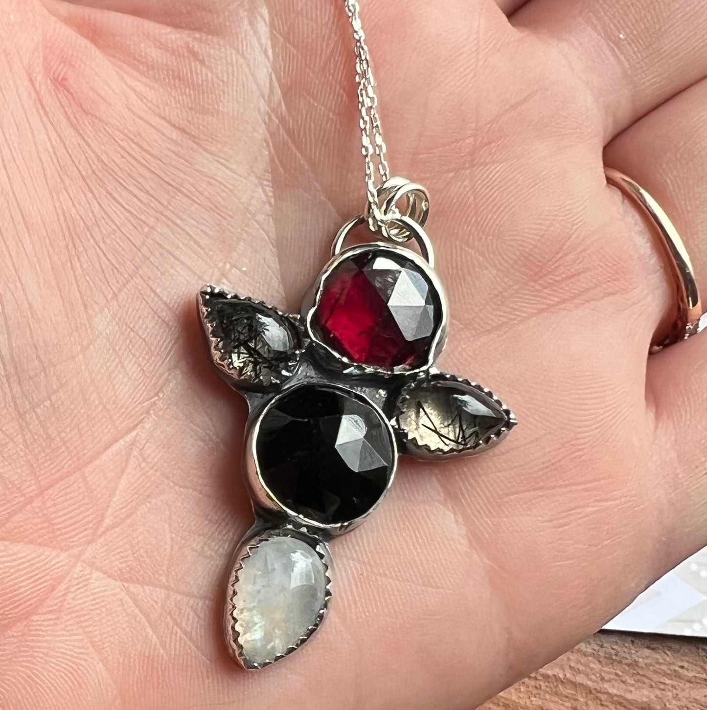 Spooky Season Garnet, Onyx, Moonstone and Ritualized Quartz Pendant