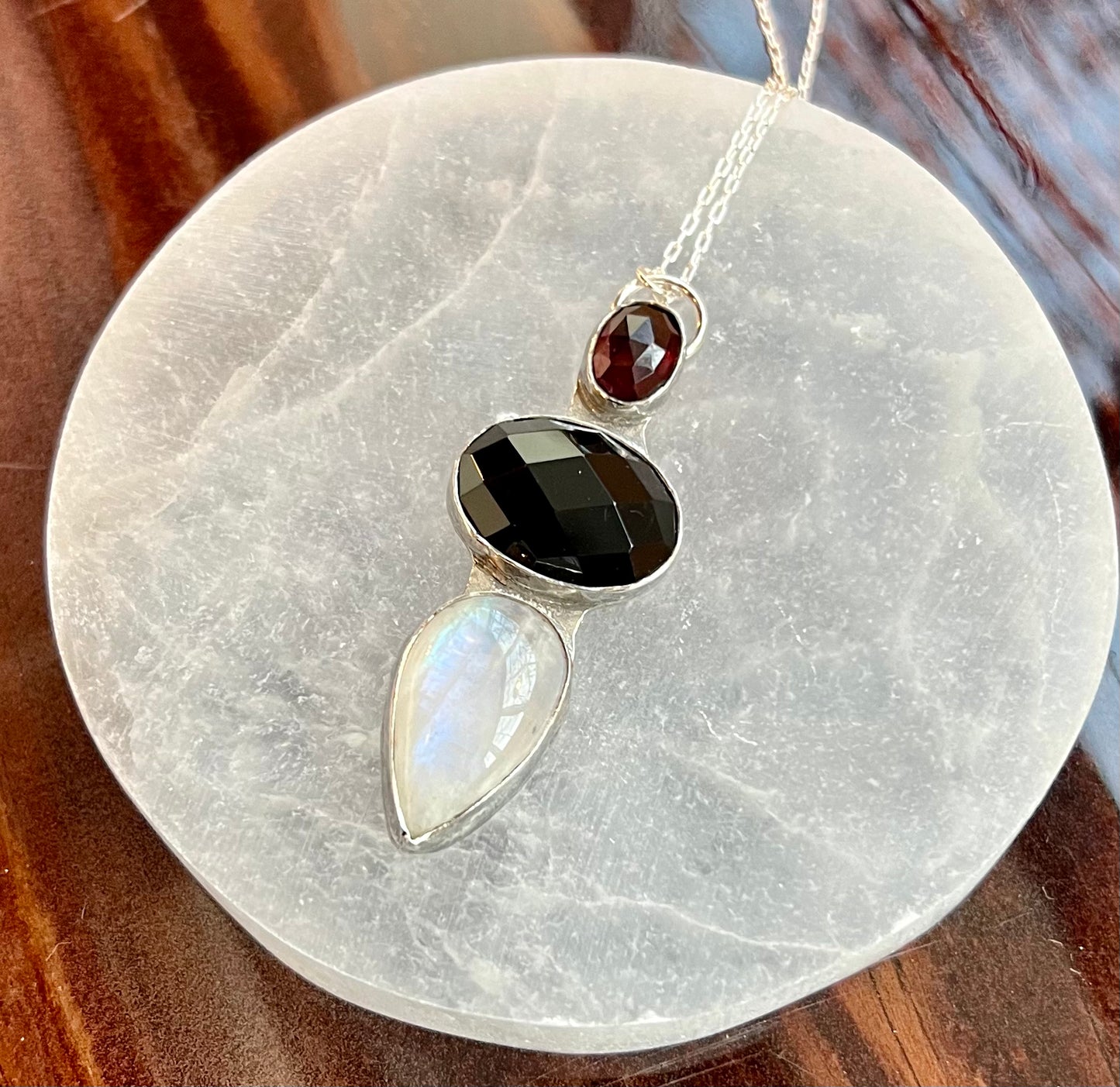 Onyx, Moonstone and Garnet Sterling Silver Necklace