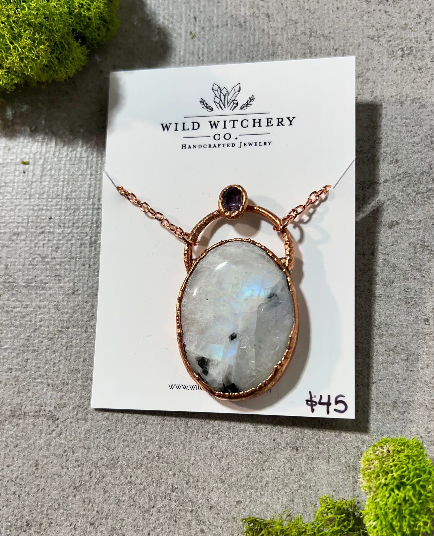 Rainbow Moonstone and Amethyst Necklace on 24 in chain