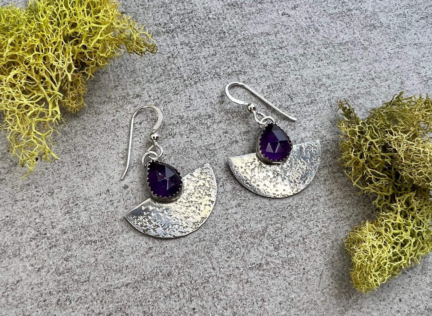 Amethyst Half Fan Sterling Silver Earrings