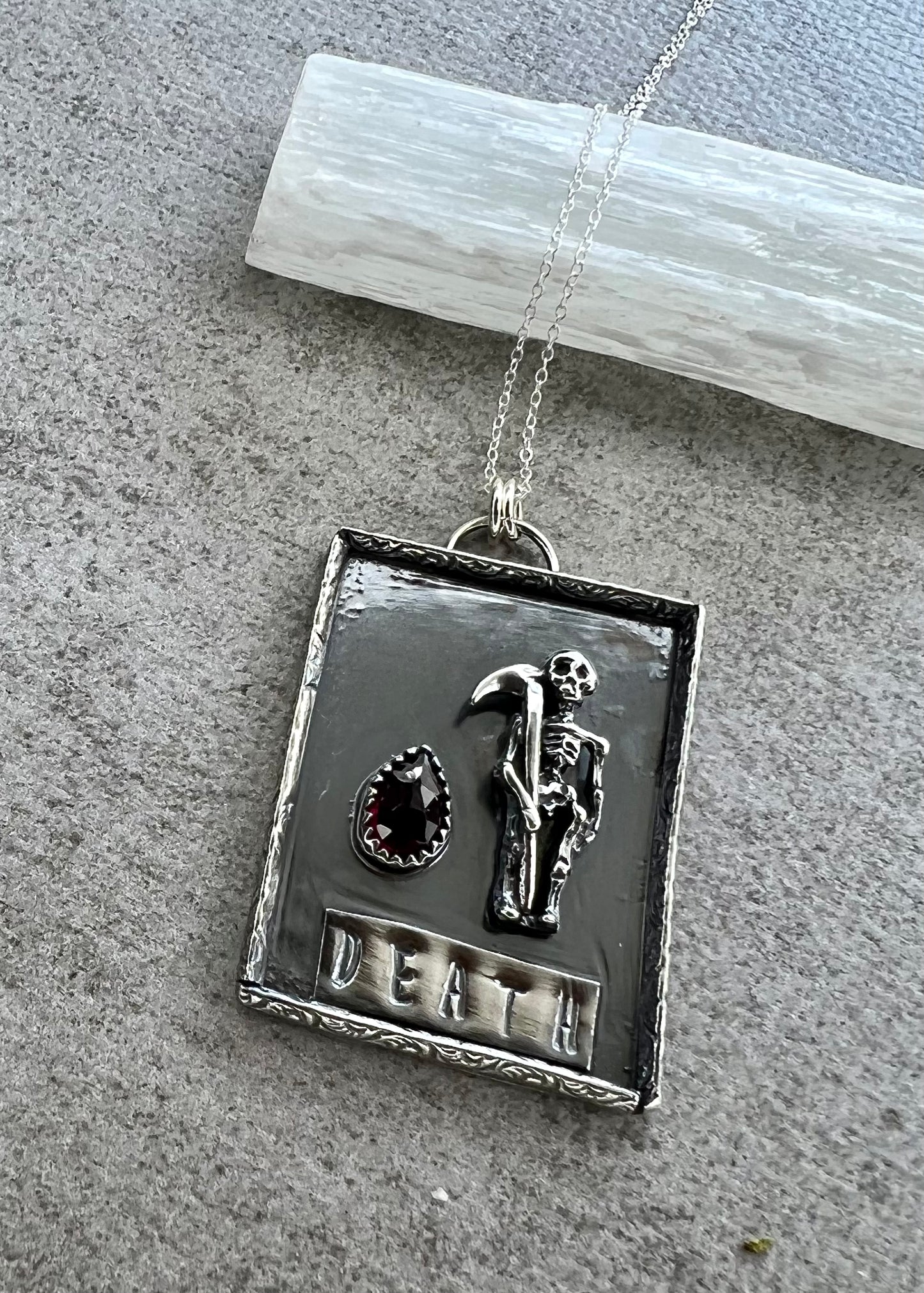 D e a t h | T A R O T | Card Sterling Silver Necklace on 20in chain with garnet stone