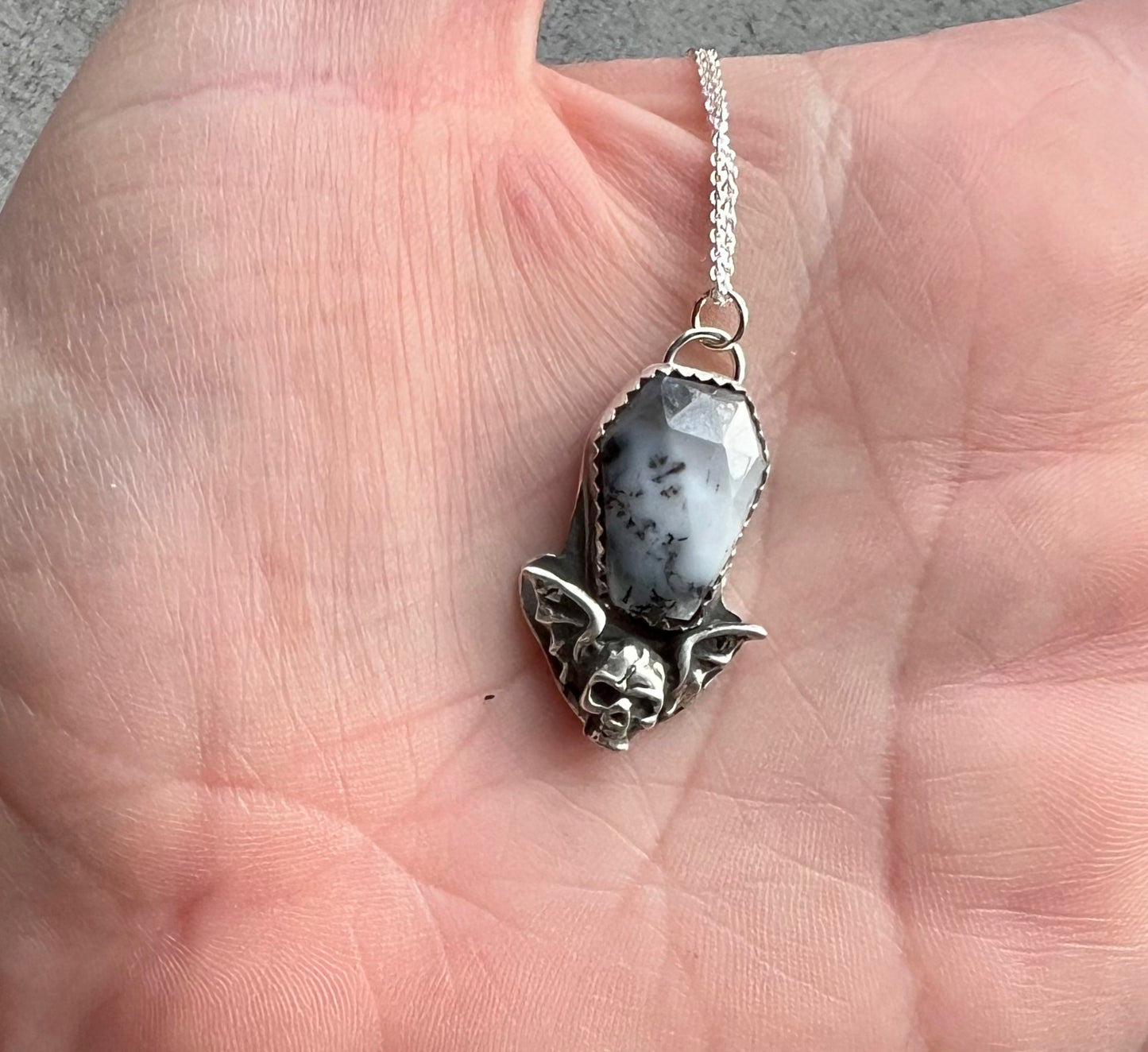Dendritic Opal and Bat Sterling Silver Necklace