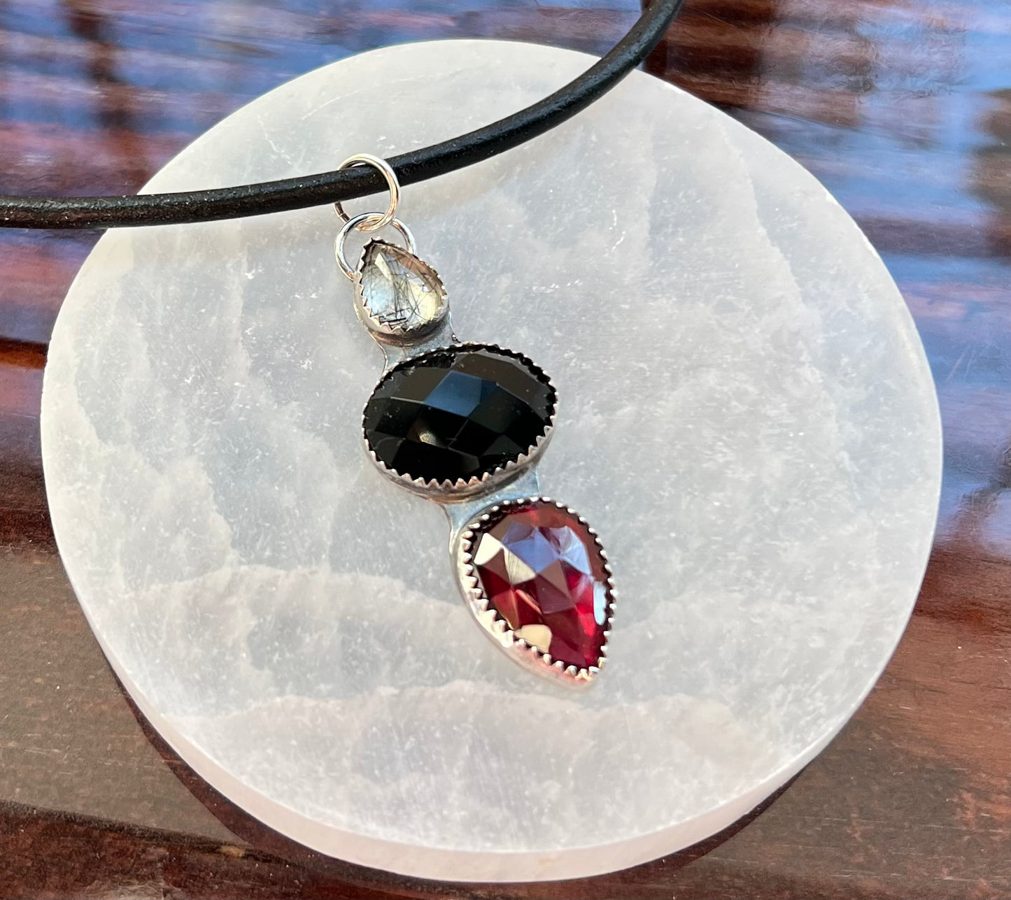 Garnet, Onyx and Ritualized Quartz Sterling Silver Necklace