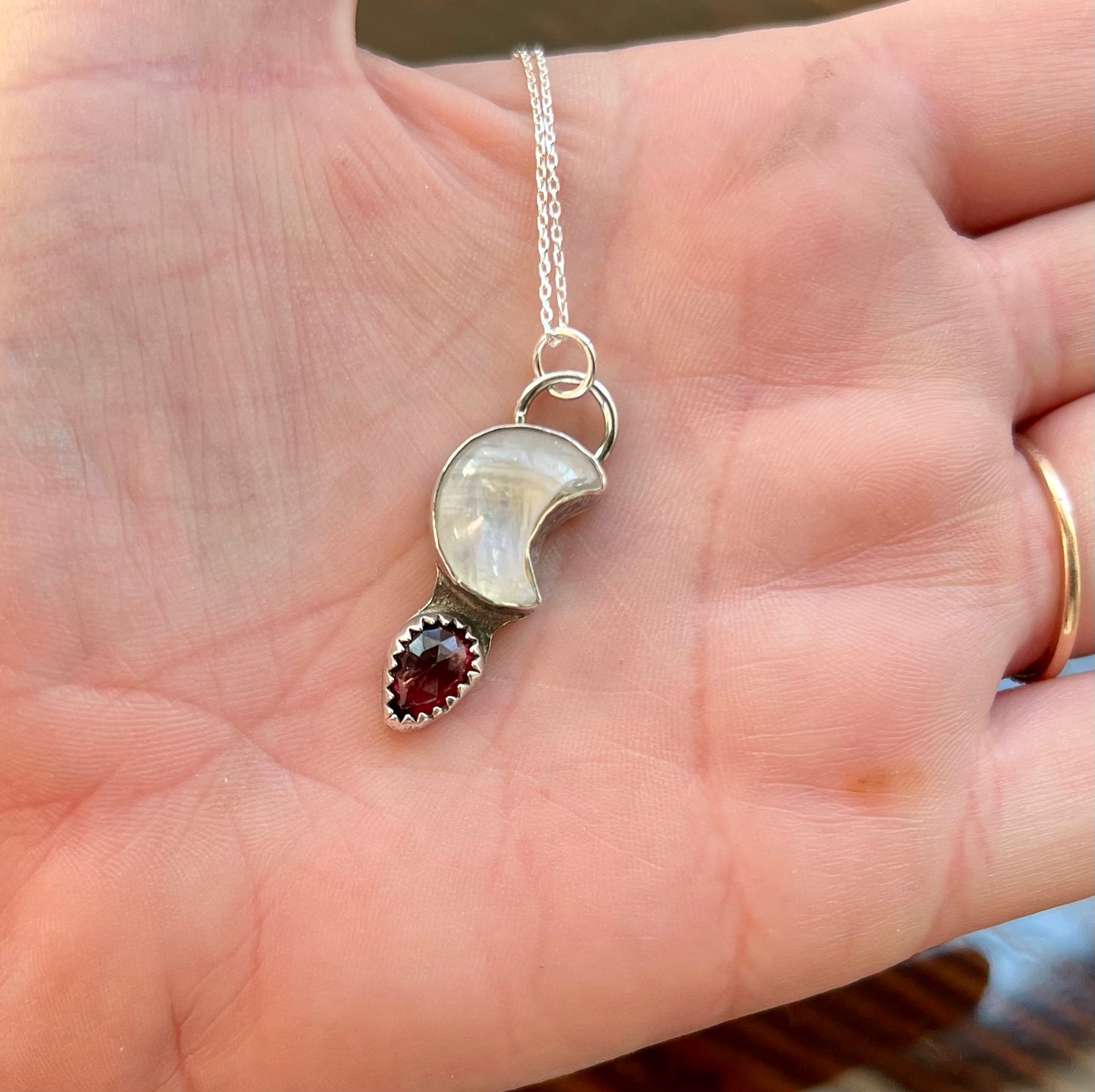 Crescent Moon Moonstone & Garnet Sterling Silver Necklace