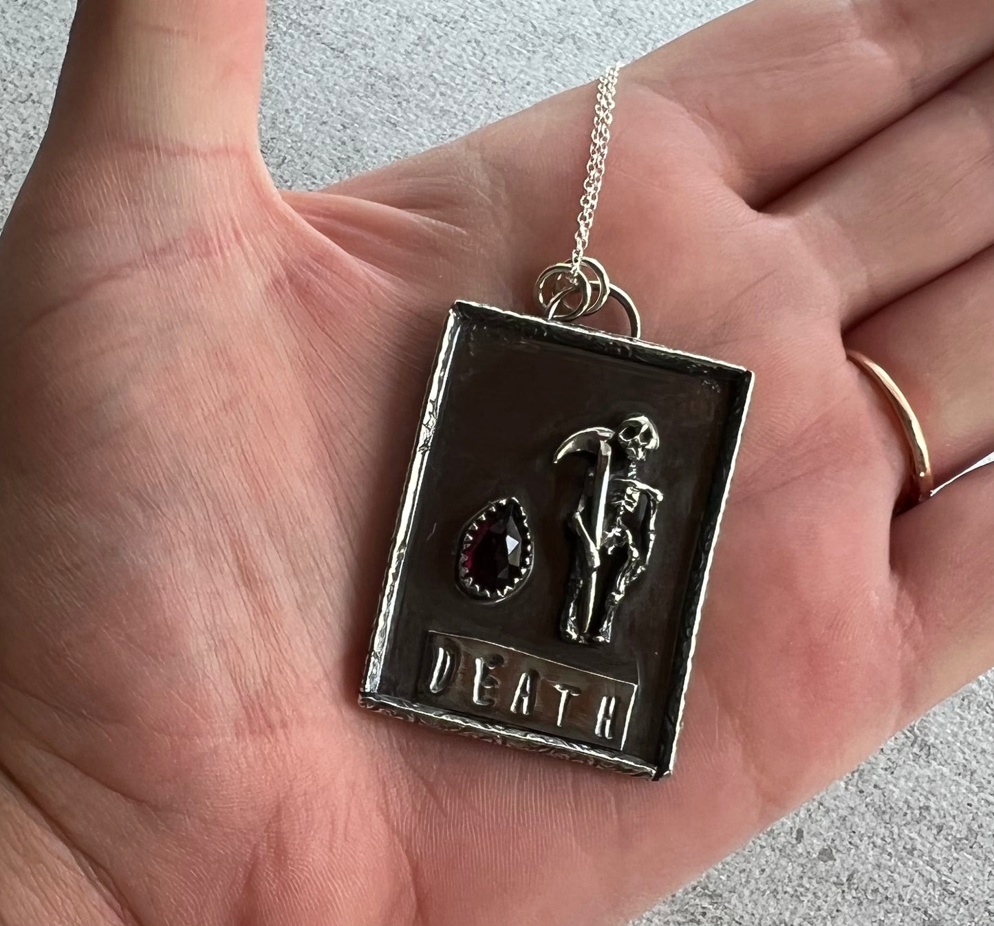 D e a t h | T A R O T | Card Sterling Silver Necklace on 20in chain with garnet stone