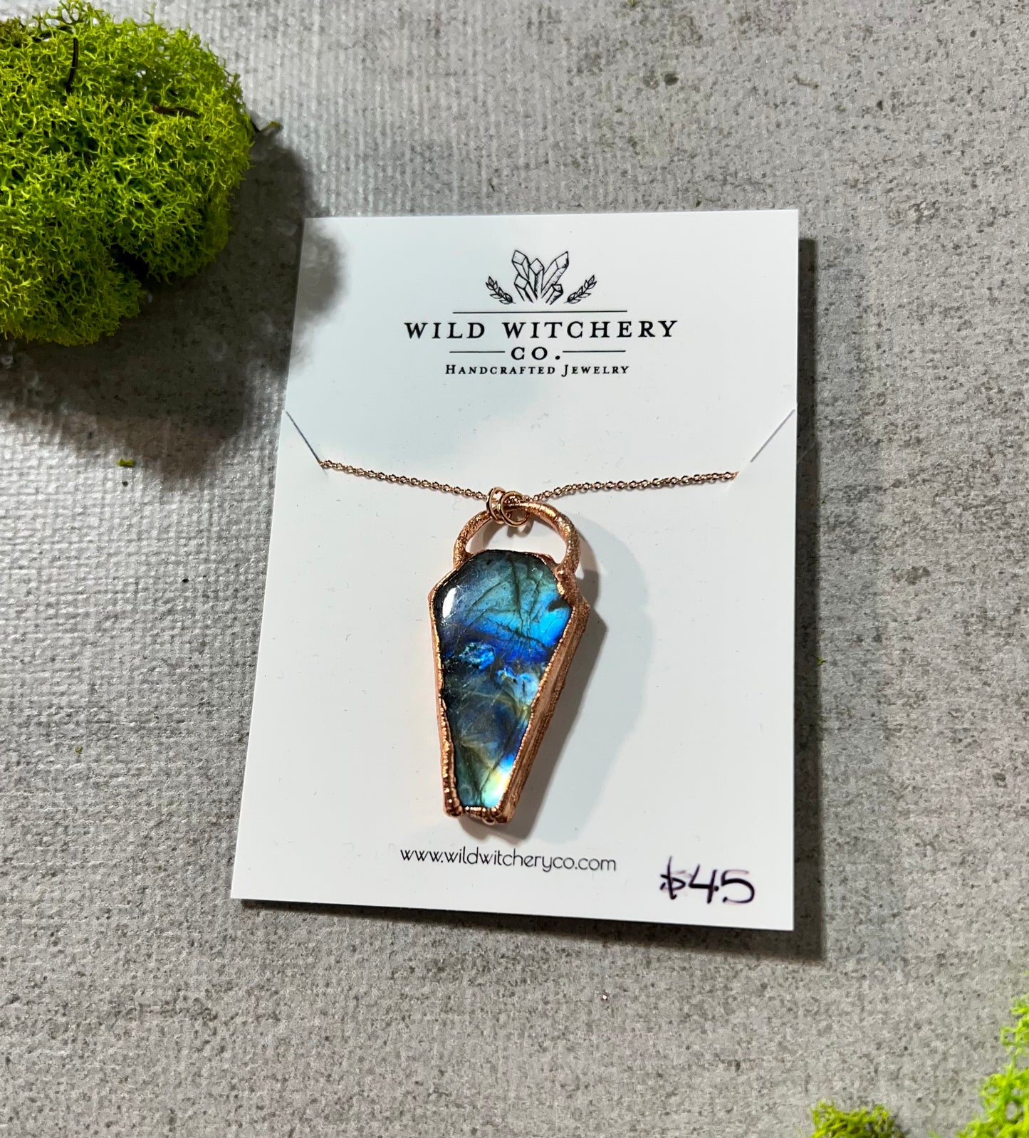 Coffin shaped labradorite necklace on 18 in chain