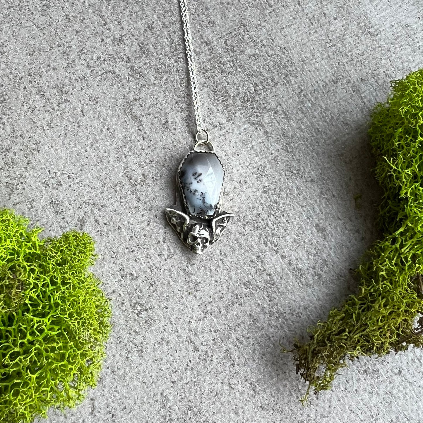 Dendritic Opal and Bat Sterling Silver Necklace