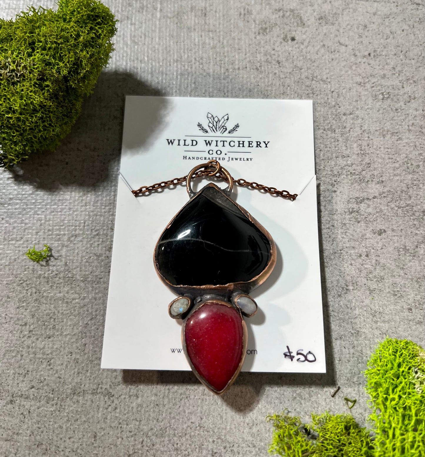 Black Agate, Moonstone and Red Agate Necklace on 24 in chain