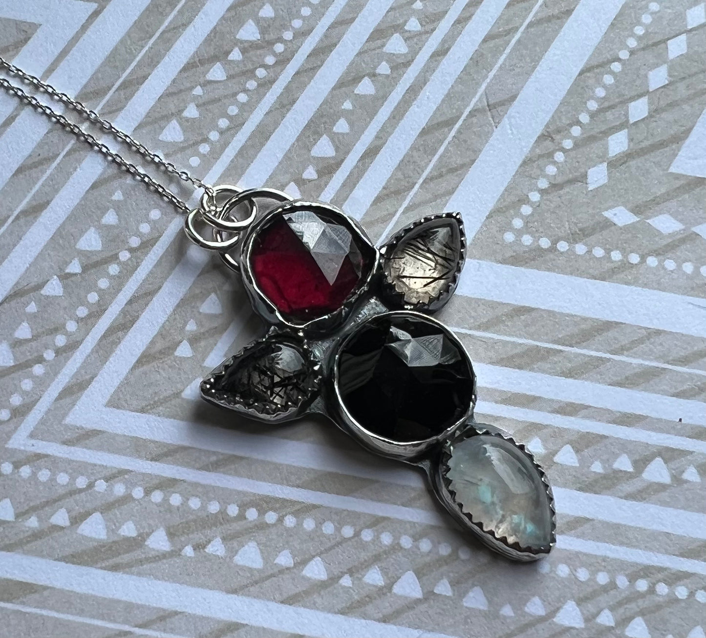 Spooky Season Garnet, Onyx, Moonstone and Ritualized Quartz Pendant