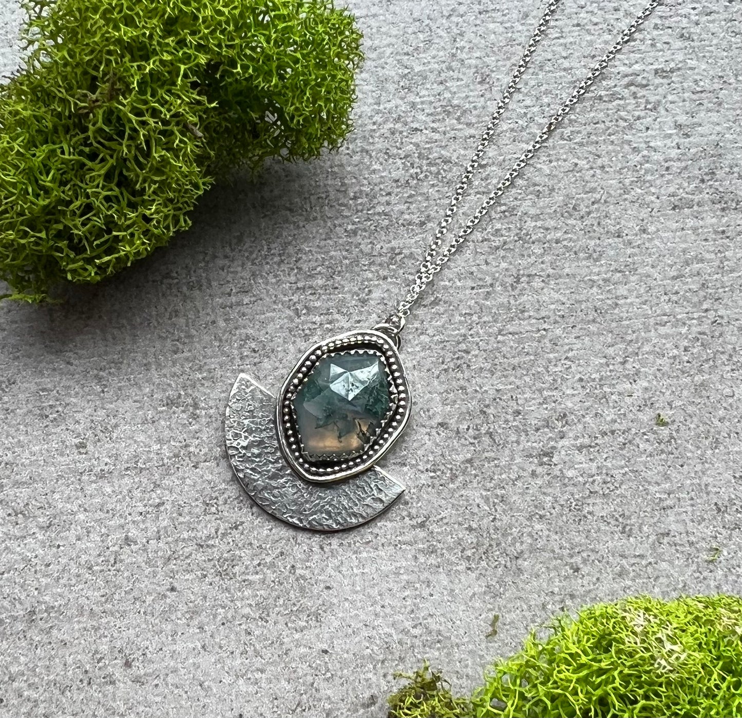Moss Agate Sterling Silver Fan Necklace