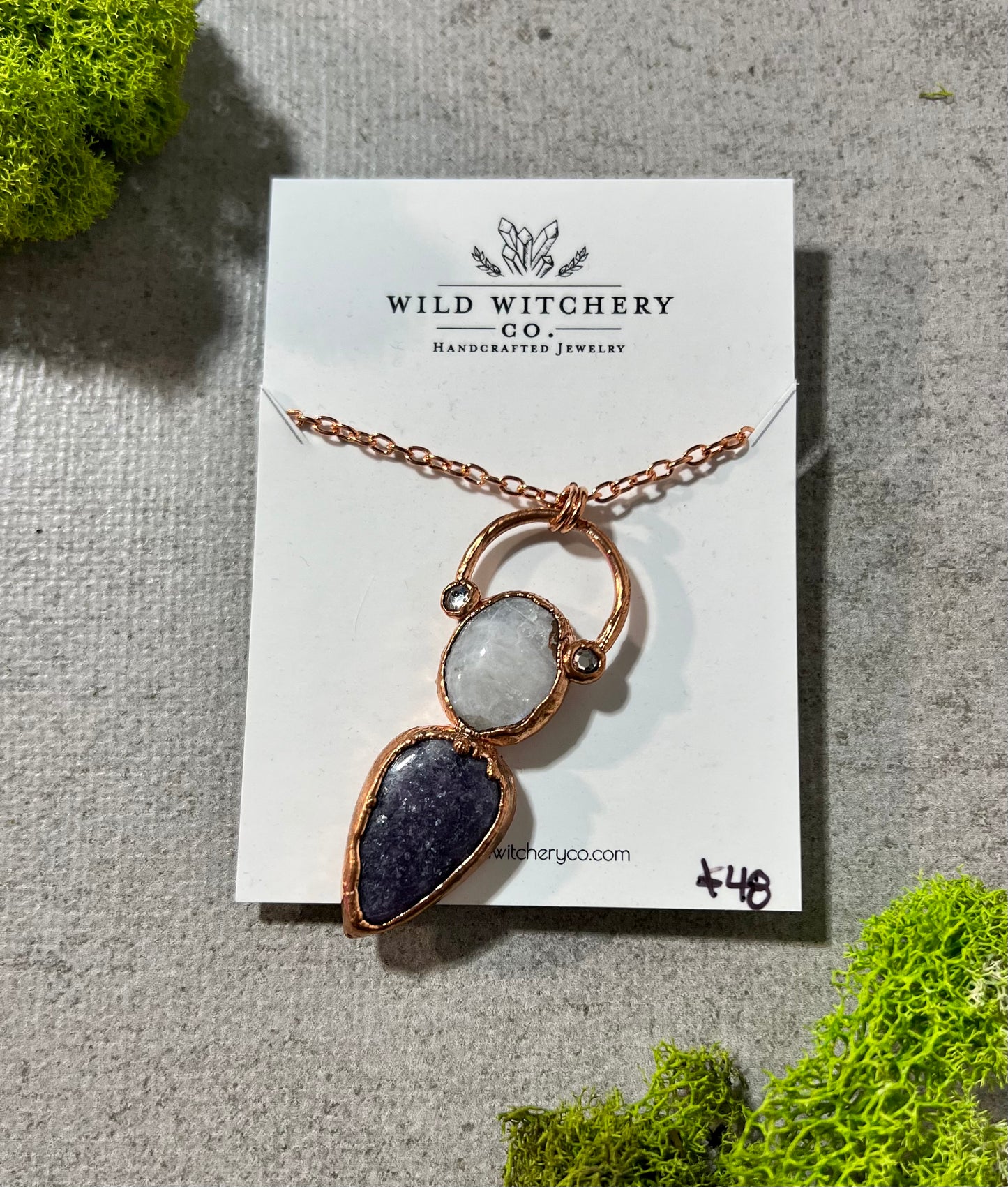 lepidolite and moonstone copper necklace on 18 inch chain
