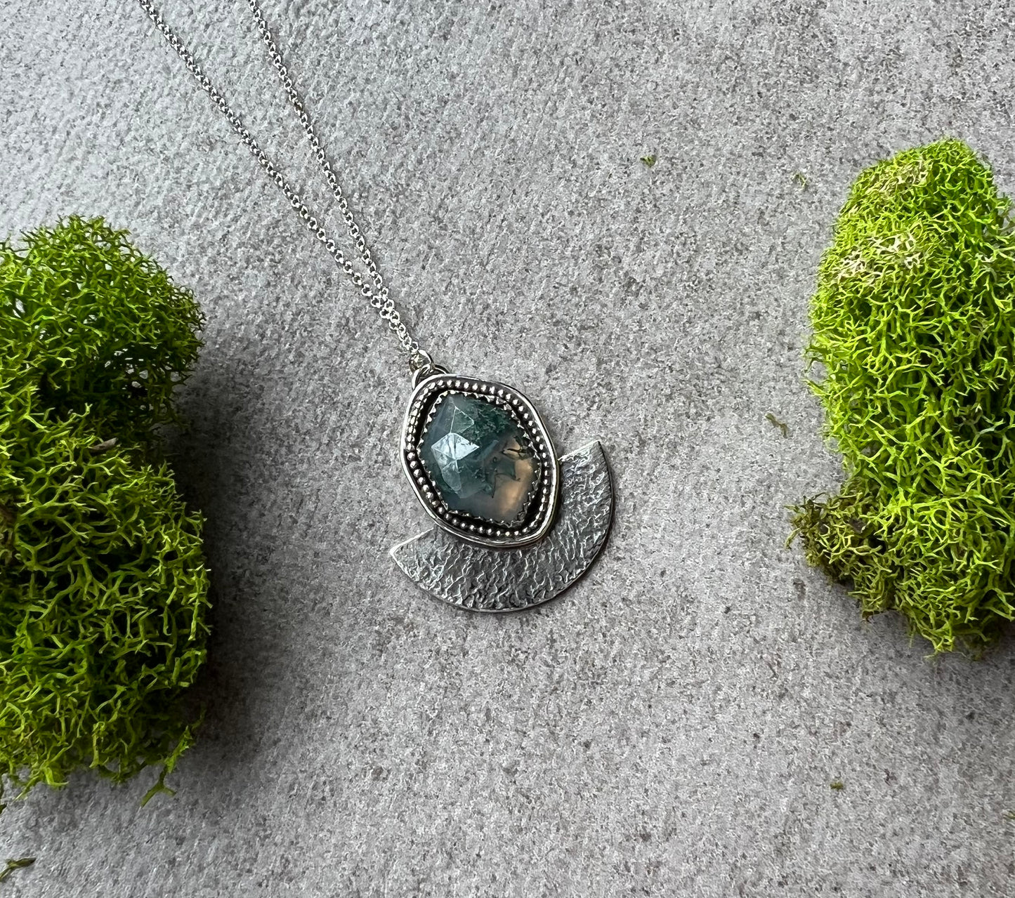 Moss Agate Sterling Silver Fan Necklace