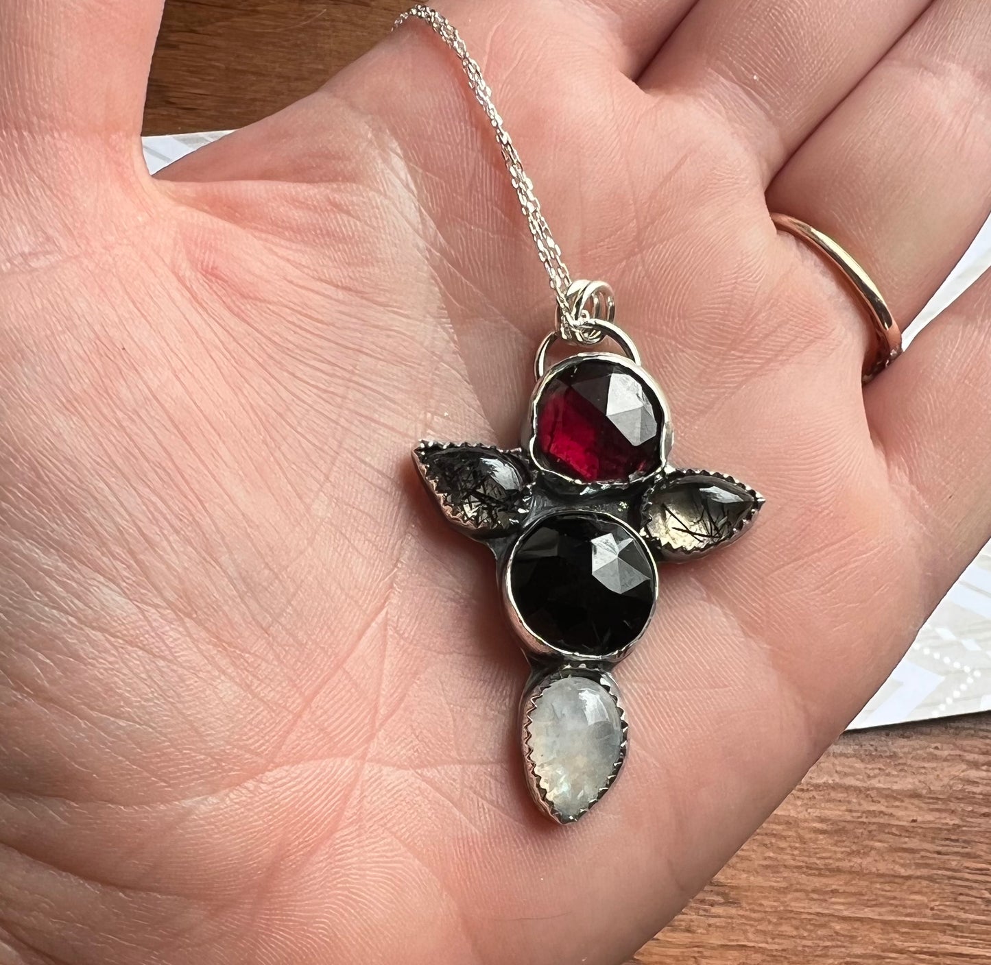 Spooky Season Garnet, Onyx, Moonstone and Ritualized Quartz Pendant