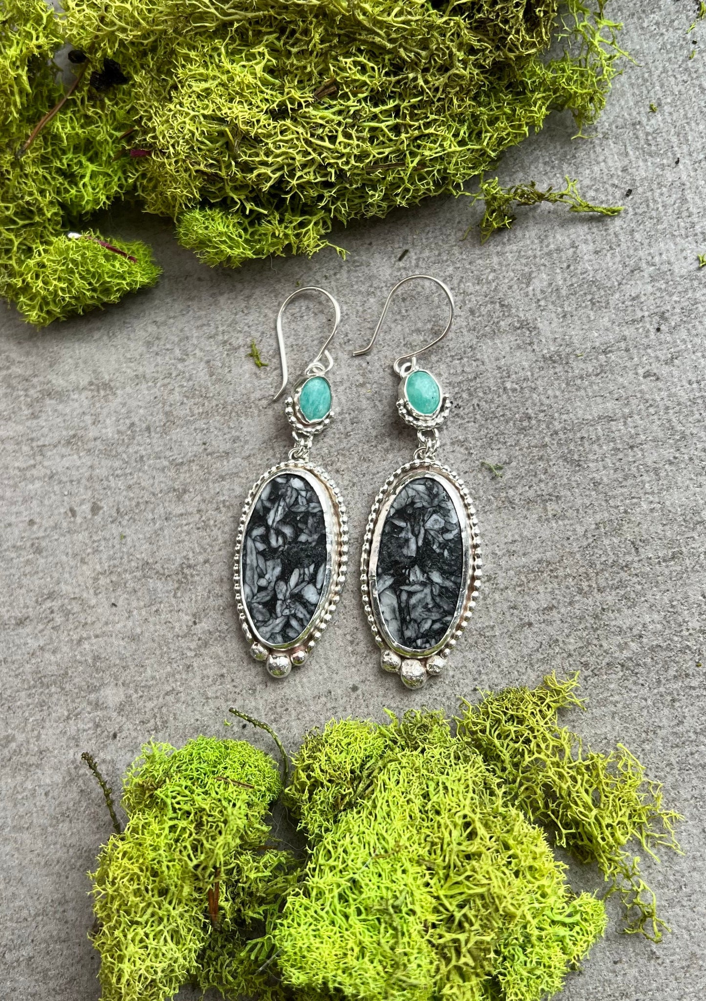 Pinolith Jasper and Amazonite Sterling Silver Dangle Earrings
