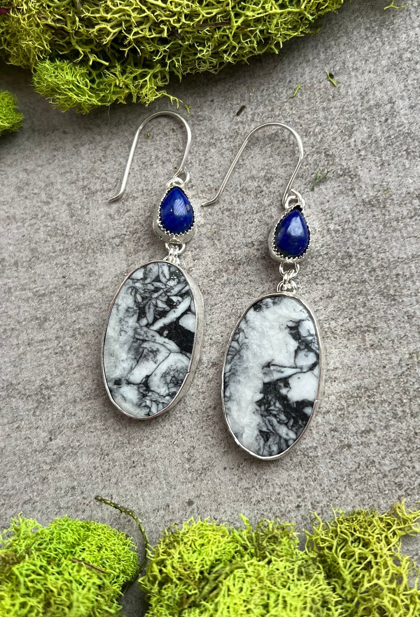 Pinolith Jasper and Lapis Lazuli Sterling Silver .925 Dangle Earrings