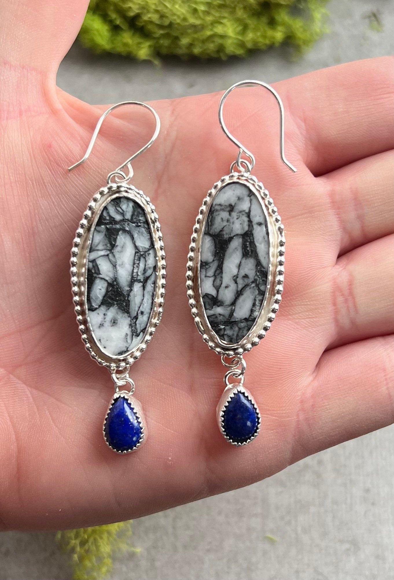 Pinolith Jasper and Lapis Lazuli Dangle Drop Sterling Silver .925 Earrings