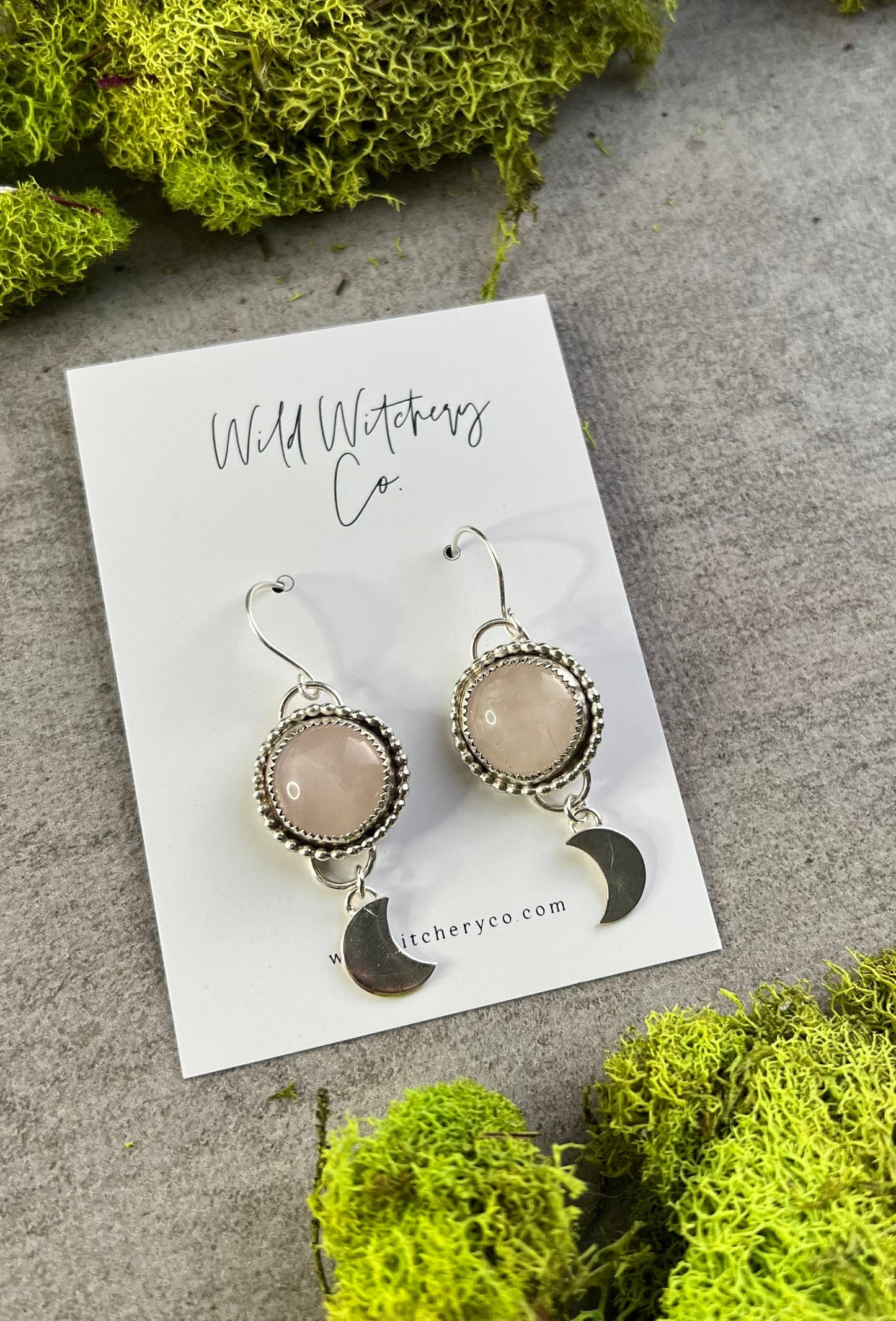 Rose Quartz and Moon Sterling Silver Dangle Earrings