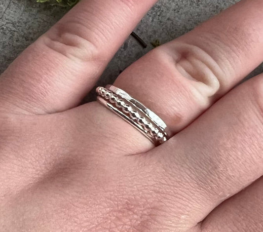 Stack of Sterling Silver Rings | Beaded Ring | Hammer Texture Ring | Simple Ring |