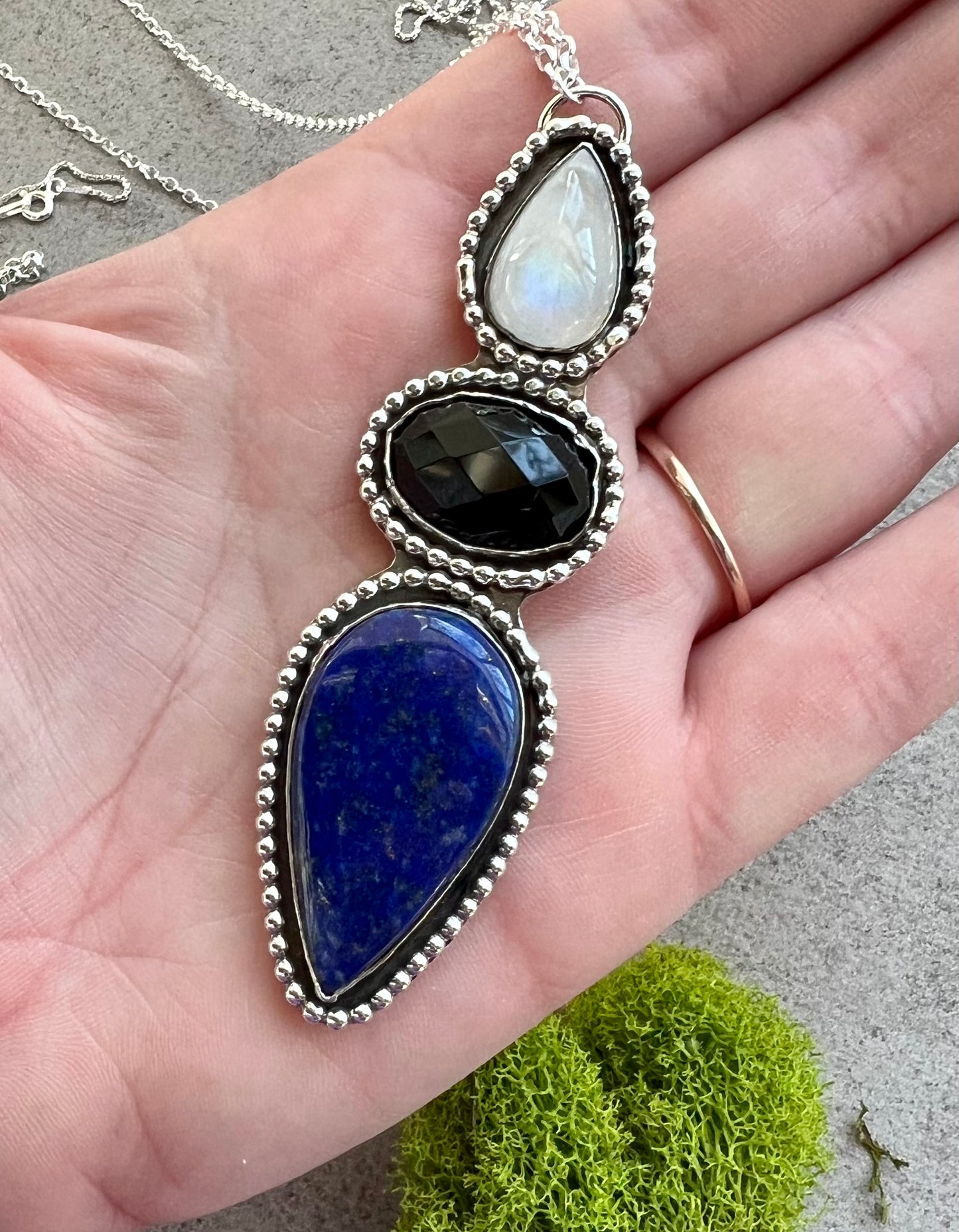 Lapis Lazuli, Onyx and Flashy Blue Moonstone Necklace