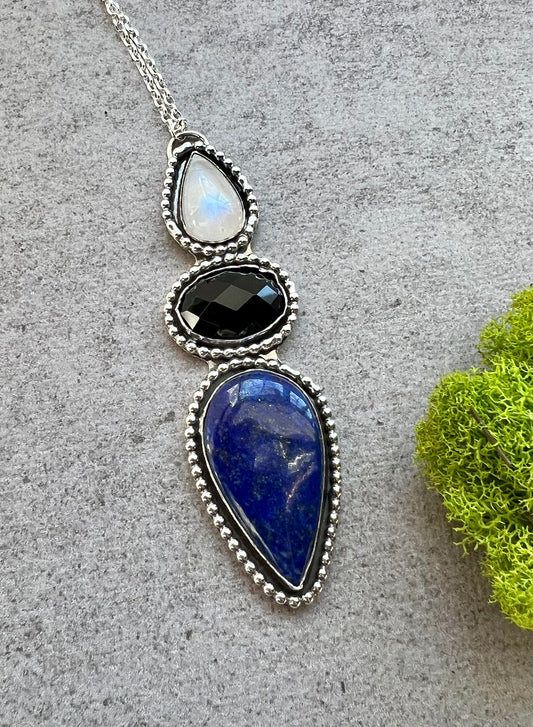 Lapis Lazuli, Onyx and Flashy Blue Moonstone Necklace