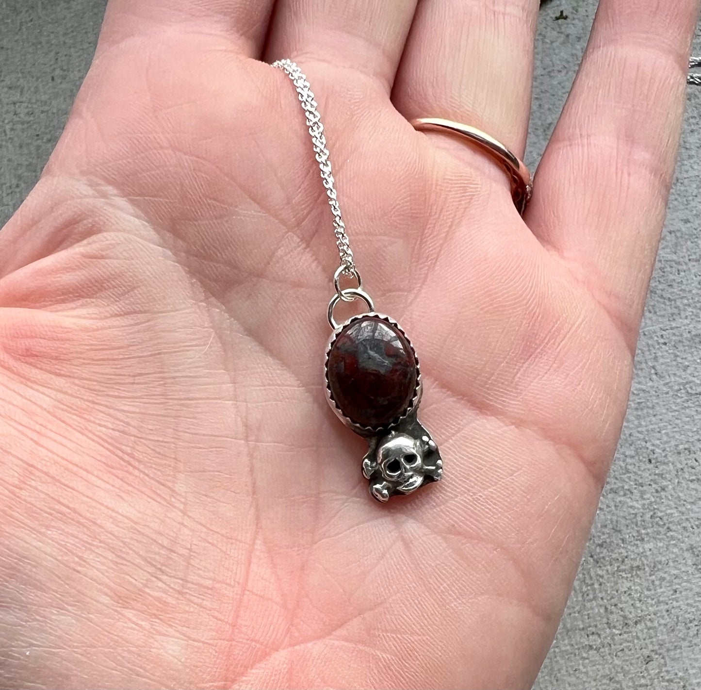 Red Dragon Jasper and Skull Sterling Silver Necklace