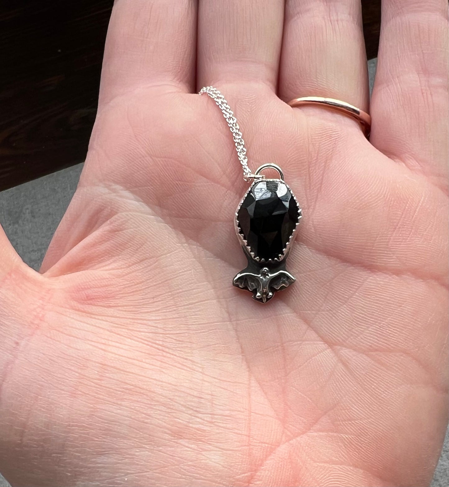 Onyx Coffin with Bat Sterling Silver Necklace