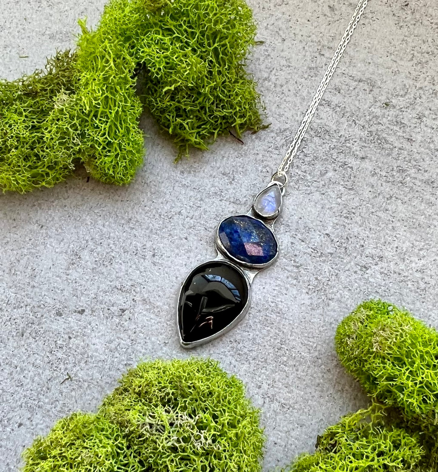 Moonstone, Onyx and Lapis Lazuli Sterling Silver Necklace