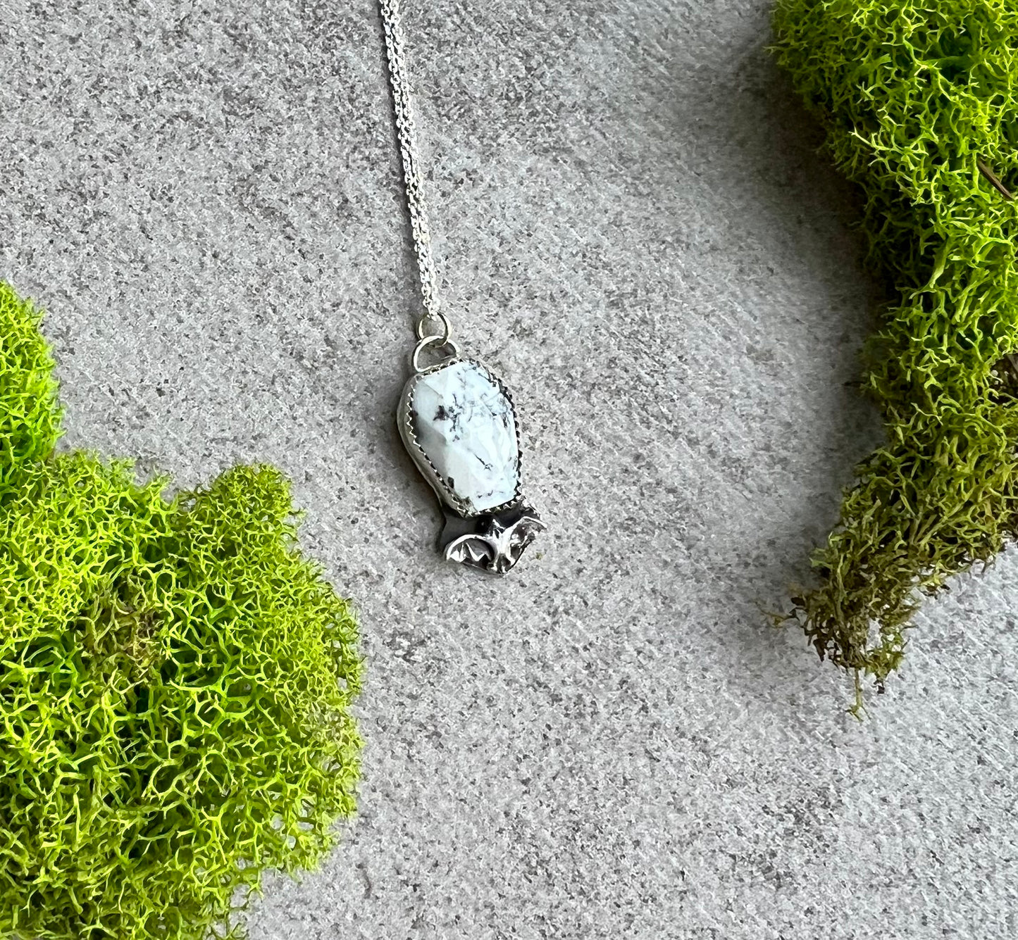 Dendritic Opal and Bat Sterling Silver Necklace