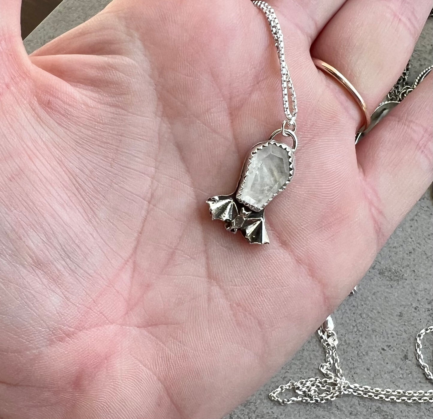 Moonstone Coffin and Sterling Silver Bat Necklace