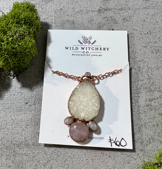 Quartz Druzy, Rose Quartz & Moonstone necklace on 24 in chain