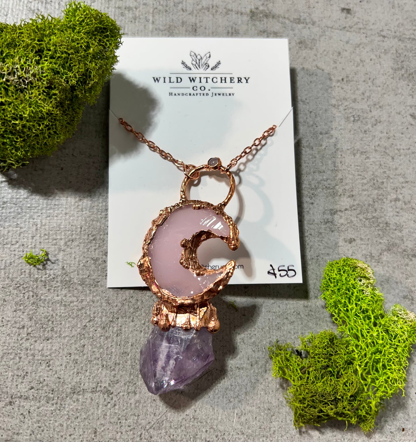 Rose Quartz Moon and Amethyst Necklace on 24 in chain